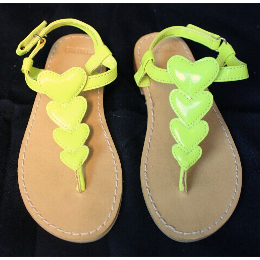 Gymboree Bright Ideas Neon Yellow Sandals sz 11 Puff Heart T-Shape Summer Beach